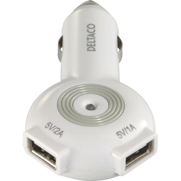 Deltaco USB Car Charger, 2x USB A Female: 1A and 2A, White